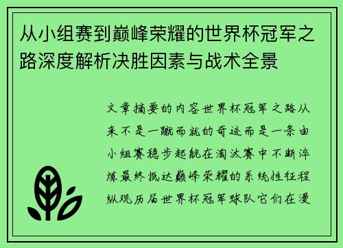 从小组赛到巅峰荣耀的世界杯冠军之路深度解析决胜因素与战术全景 从小组赛到巅峰荣耀的世界杯冠军之路深度解析决胜因素与战术全景